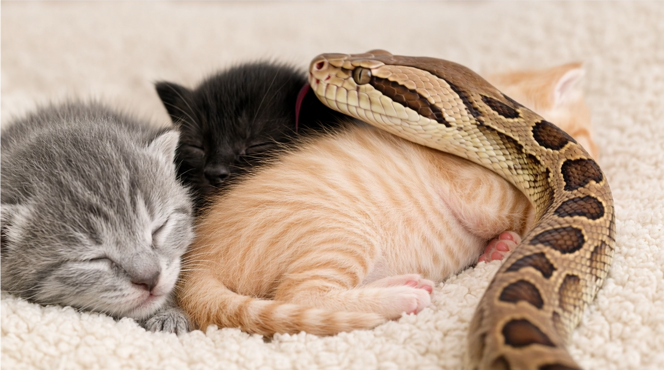 Three sleeping gray, black, and orange kittens cuddled together with a patterned snake resting across them